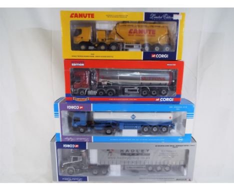 Corgi- four diecasdt 1:50 scale models, Renault premium powder tanker # 76102, DAF CF general purpose tanker CC13602, MAN Tan