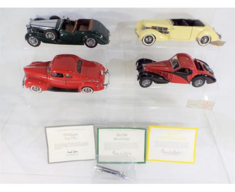 Franklin Mint four unboxed 1:24 scale diecast vehicles comprising 1940 Ford Deluxe Coupe, 1937 Cord 812, 1936 Bugatti and a 1