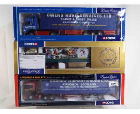 Corgi - 3 diecast 1:50 scale models Scania Curtainside, A Wishart, CC12201, Volvo Globetrotter FH12 Curtainside, Owens, CC124