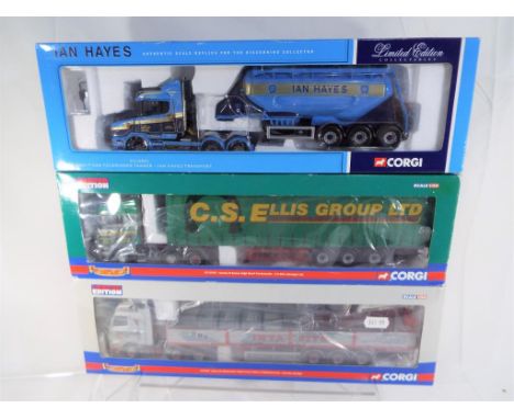 Corgi - 3 diecast 1:50 scale models Scania T-Cab Feldbinder Tanker, Ian Hayes Trans # CC12801, Volvo FH Globetrotter sided cr