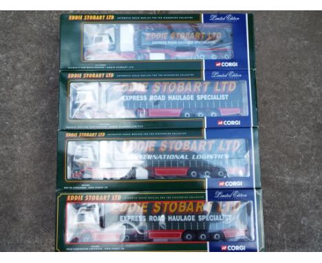 Corgi - four diecast 1:50 scale Eddie Stobart Ltd truck and trailers, CC12401, CC12802, CC12901 and CC13401, all appear mint 