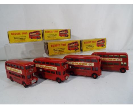 Budgie Toys - four OO scale Routemaster Double Decker buses with windows, Esso Golden decals, excellent in vg+ to exc origina