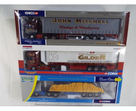 Corgi - three diecast 1:50 scale models MAN curtainside CC12001, Scania Topline Fridge Trailer CC12933 and Mann Arctic Platfo