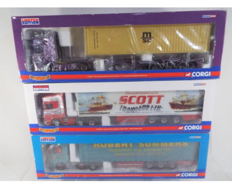 Corgi - 3 diecast 1:50 scale models Scania Topline Skeletal trailer / container, R S Carmichael # CC12930, Mercedes Benz Actr