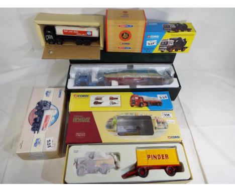 Corgi - a diecast Dodge & Trailer - Pinder EX51705, Suttons of St Helens #28001, Holt Lane Transport #25301, Foden Milk Tanke