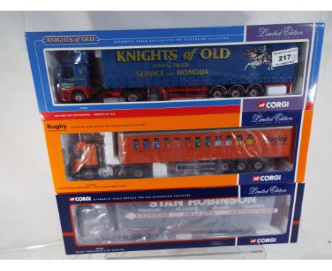 Corgi - 3 diecast 1:50 scale diecast models Volvo FM low curtainside, RMC # CC13503, Leyland DAF Curtainside, Knights of Old 