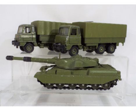 Dinky - three unboxed Army diecast model motor vehicles, two Foden trucks and a Chieftain Tank, all in fair to good condition