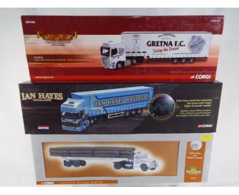 Corgi - three diecast 1:50 scale models, Scania Topline curtainside trailer CC12935, Mack LJ Logger US50705 and Foden Alpha S