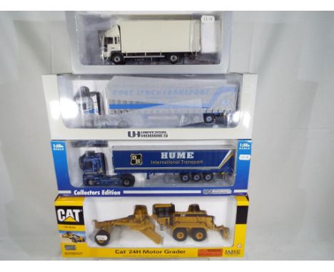 Four diecast 1:50 scale models, CAT 24H Motor Grader # 55133, two Universal Hobbies trailer trucks and a Volvo FL6 by Motorar