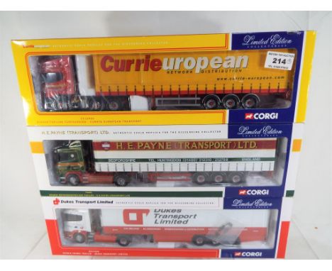 Corgi - 3 diecast 1:50 scale diecast models Scania Topline curtainside, Currie CC12903, Scania Fridge Trailer, Dukes Trans CC