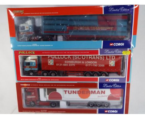 Corgi - three diecast 1:50 scale models, Scania Livestock transporter CC12222, ERF EC curtainside, Pollock 75205 and Scania T