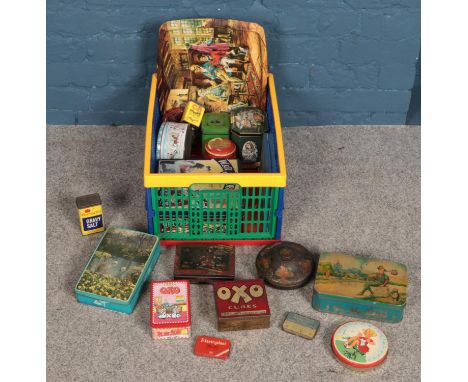 A box of vintage tins. Including Oxo examples, etc.  