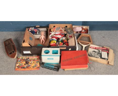 Two boxes of vintage toys and games. Including Hoover tinplate child's washing machine, child's typewriter, wooden boat, matc