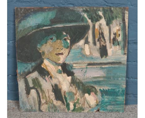 After John Duncan Fergusson (1874-1961), an unframed oil on board, portrait of a lady in a hat. 49cm x 50cm.  