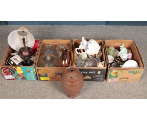 Four boxes of miscellaneous. Includes stoneware spirit keg, decorative lamp, torsion clock etc.  