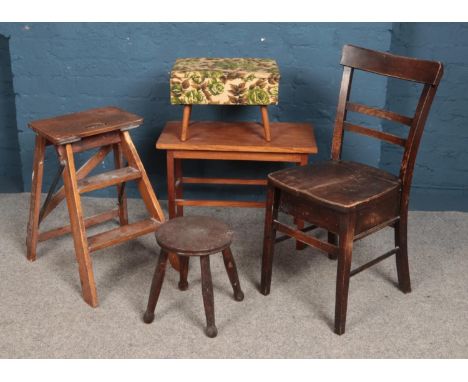 A collection of assorted furniture. Includes vintage chair with under seat storage, small stools, folding steps and an occasi