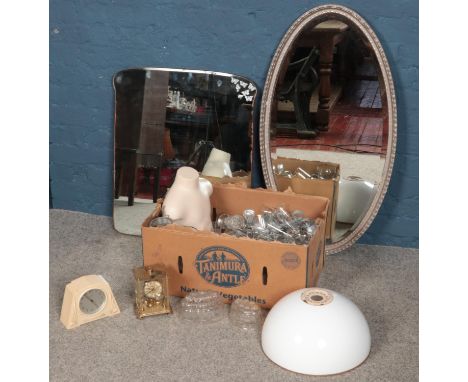 A box of miscellaneous. Including two mirrors, small mannequin torso, bakelite Ingersoll mantel clock, torsion clock, etc.  