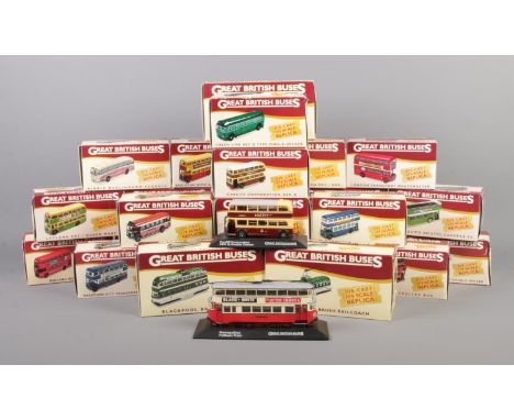 Twenty-six Atlas Editions Great British Buses 1:76 scale model vehicles, comprising of Coaches and Trams, all boxed.  