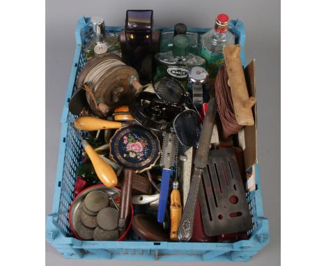 A box of collectables. Includes coins, vintage wooden fishing reel, GPO telegram envelope etc.  