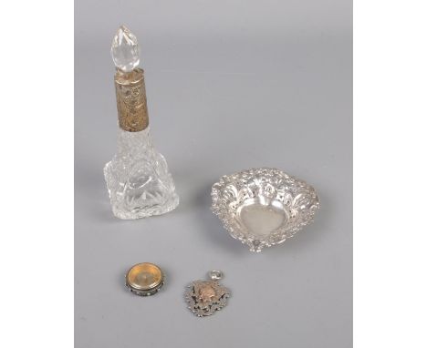 A Silver Bonbon dish, Silver pendent (hallmarked London 1902), glass scent bottle and compass fob.  
