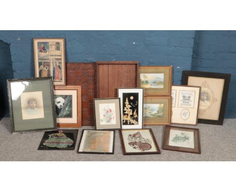 A collection of mainly framed pictures, includes large chess board and oak tray.  