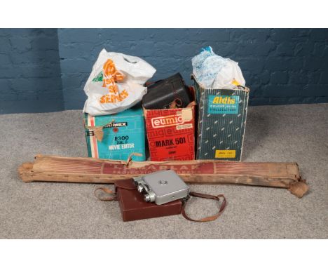 A quantity of camera and projector equipment including an Meopta Admira 8f Cine Camera with case, Aldis Colour Slide Projecto