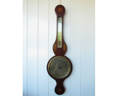 A 19th Century mahogany and satin shell inlaid 8" wheel barometer with long arched and moulded thermometer box, maker F. Molt