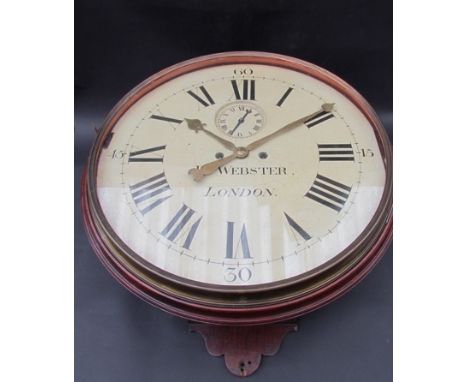 A large and rare 19th Century mahogany cased dial clock, Roman 20" painted wooden dial signed Rd. Webster, London, twin fusee