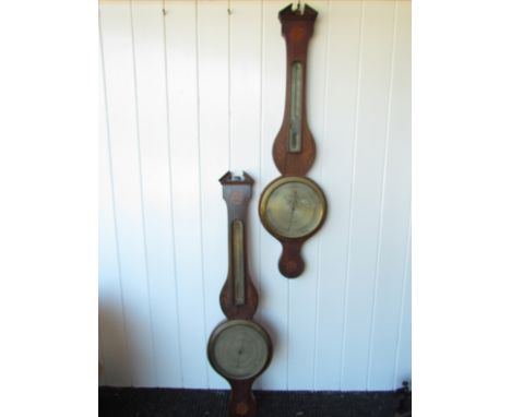 Two 19th Century mahogany and inlaid broke arch top 8" wheel barometers with long thermometer boxes, for restoration