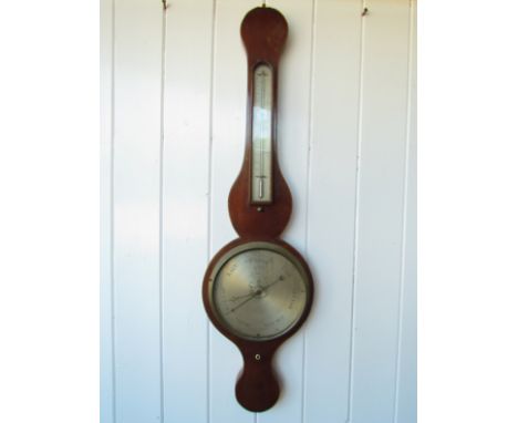 A 19th Century mahogany and satin line inlaid 8" wheel barometer with arched and moulded long thermometer box, maker F. Molto