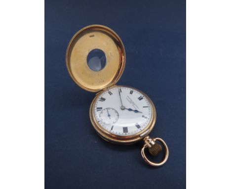 A 9ct gold half hunter pocket watch, Roman numerated chapter ring, subsidary second sweep by Spinks from Dent, London, Englis