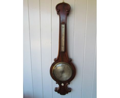 A 19th Century flame mahogany moulded detail 8" wheel barometer with long moulded thermometer box, maker E. Dyball, Post Offi