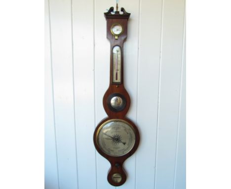 A mid 19th Century scroll top rosewood five dial 8" wheel barometer with hygrometer, maker P. Haberstroh, Chatham