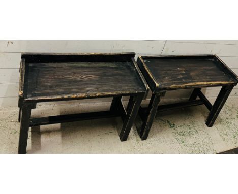Two painted wooden bench seats (H55cm W74cm x H52cm W72cm)