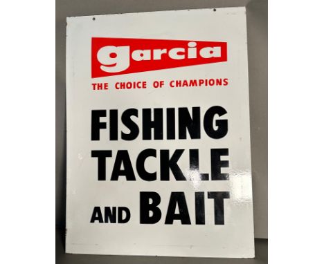 A vintage enamel advertising sign for Garcia Fishing tackle and bail 