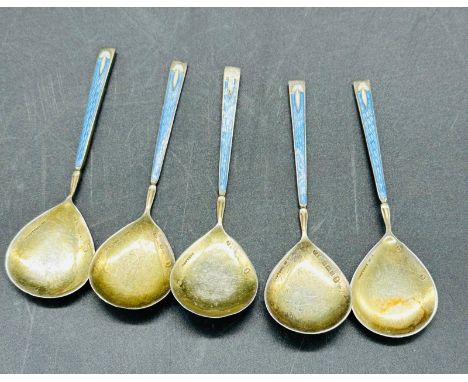 Five enamel on silver teaspoons by Turner & Simpson, hallmarked for Birmingham 1957