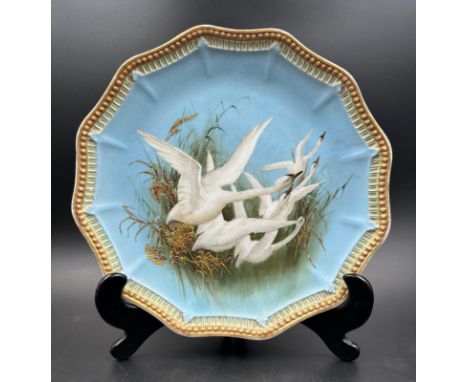 Charles Baldwyn for Royal Worcester, a swan painted plate, 1905, dodecagonal beaded border, decorated with five swans in flig