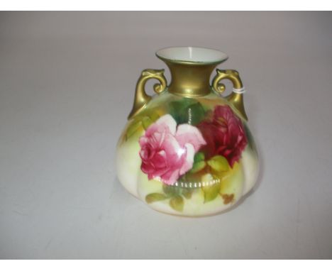 Royal Worcester Porcelain Rose Painted Vase by S. Pilsbury, 9cm