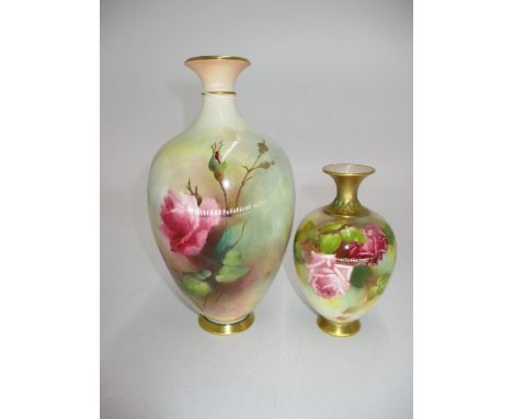 Two Royal Worcester Porcelain Rose Painted Vases, 19cm and 13cm 