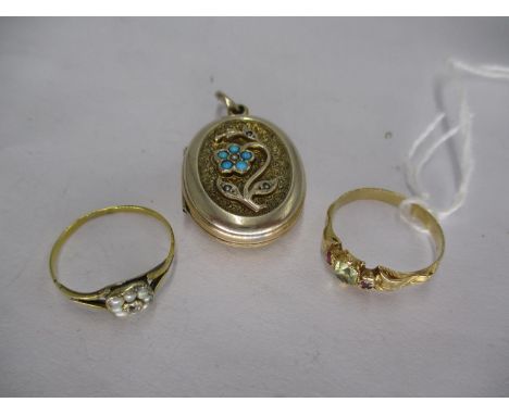 Photo Locket Set with Turquoise and Seed Pearls along with a Diamond and Pearl Ring and a Pendant and Ruby Ring 