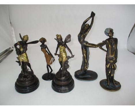 Pair of Bronze Figures of Fairies on Marble Bases, 22cm, along with 3 Other Figures 