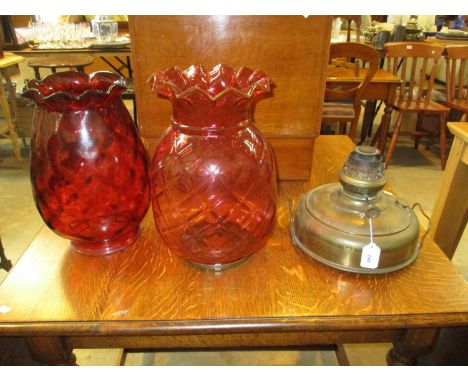 Vintage Brass Oil Lamp with 2 Ruby Glass Shades 