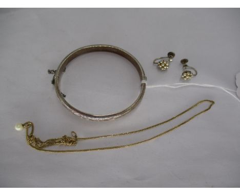 9ct Gold Necklace, 2.7g, with a Pendant, Pair of Ear Clips and a Silver Bangle 