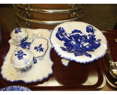 Blue and White Comport and 4 Piece Trinket Set 
