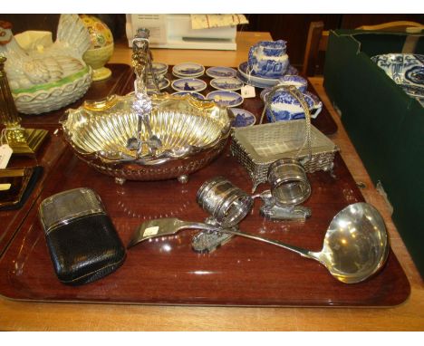 Silver Plate and Leather Hip Flask, 2 Baskets, Ladle and Pair of Napkin Rings 
