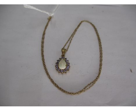 9ct Gold Necklace with an Opal and Purple Stone Pendant, 2g total 