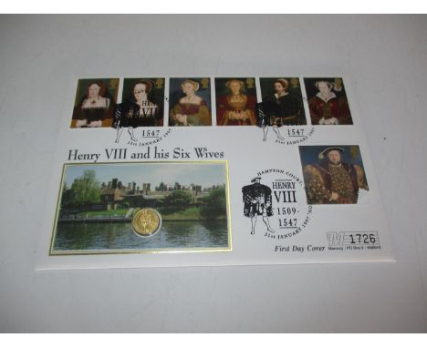 Commemorative First Day PNC Cover "500 Years of Henry VIII" Set with a 1/25th Ounce 999.9 Gold Falkland Islands £2 Coin 