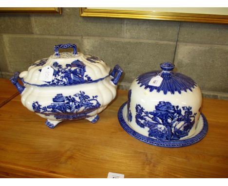 Blue and White Pottery Soup Tureen with Ladle and Cheese Dish with Cover 