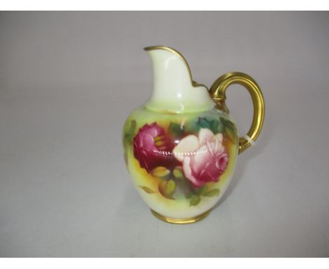 Royal Worcester Porcelain Rose Painted Flat Back Jug by H. Hunt, 12cm 