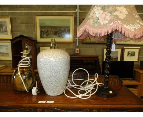 Barley Twist Table Lamp with Shade and 2 Pottery Lamps 